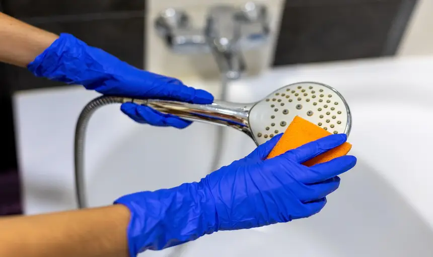 Muž čistící sprchovou hlavici v koupelně.